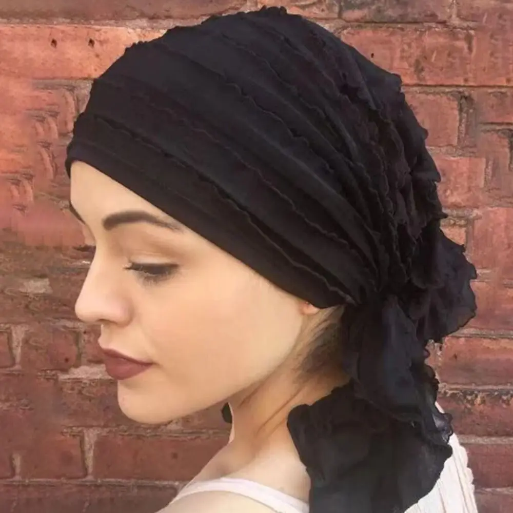 Pre-Tied Muslim Women Hijab Bonnet Ruffle Solid Color Turban Chemo Cap Suede Surface Hair Loss Hat Islamic Cancer Headwear Scarf