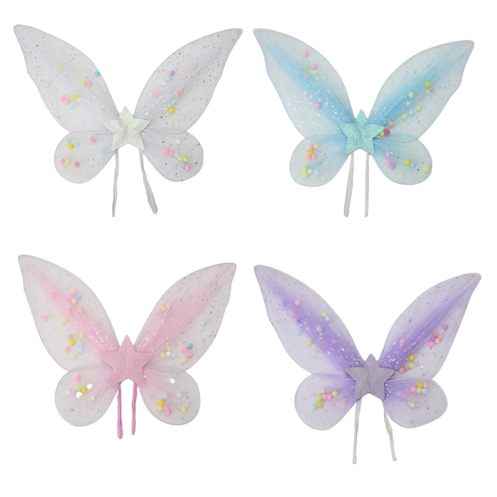 Party Accessory Butterfly Wings with Elastic Shoulder Straps Pompom Balls Shiny Star Flimsy Sheer Fairy Wings for Kids Girls