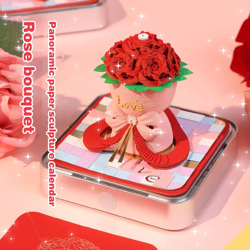 Romantic Valentine Day Roses Calendar Artistic Sticky Notes With Light Creative Novelty 3D Desktop Ornament Decoration Gifts