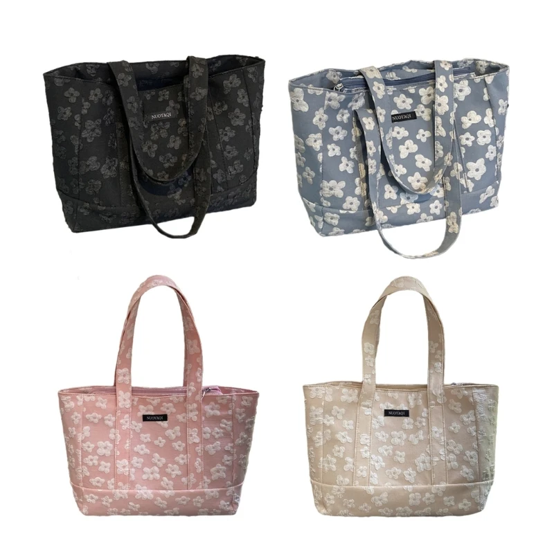 Stylish Floral Embroidery Shoulder Bag Large Capacity Tote Handbag for Students and Commuters E74B