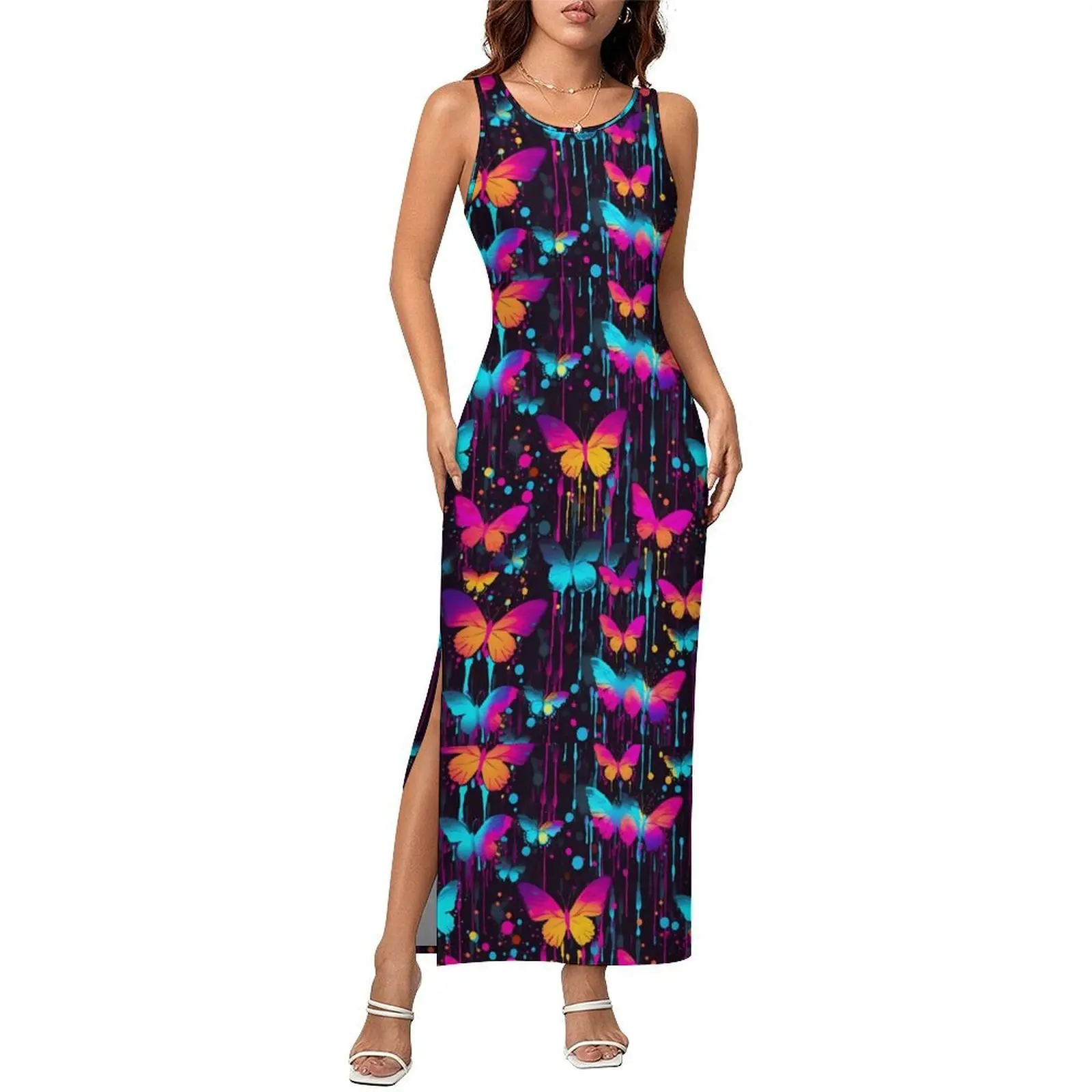 Women Bodycon Dress Retro Butterfly Maxi Dresses Spring Pink and Orange Splash Sleeveless Street Fashion Graphic Dress 3XL 4XL