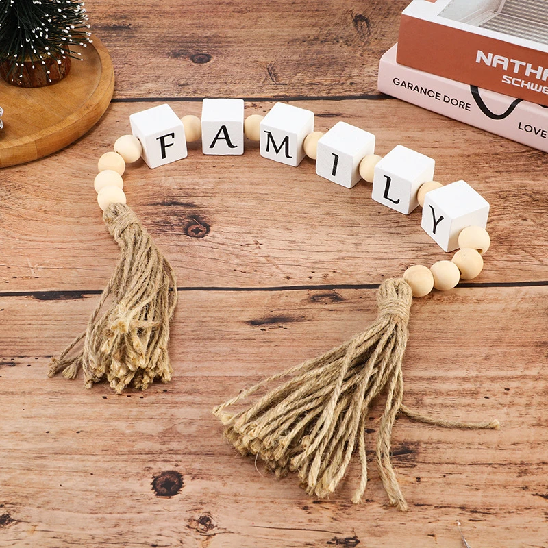Nordic-Style FAMILY Wooden Bead Ornament with Jute Tassels – Home Decor for Entryways and TV Cabinets