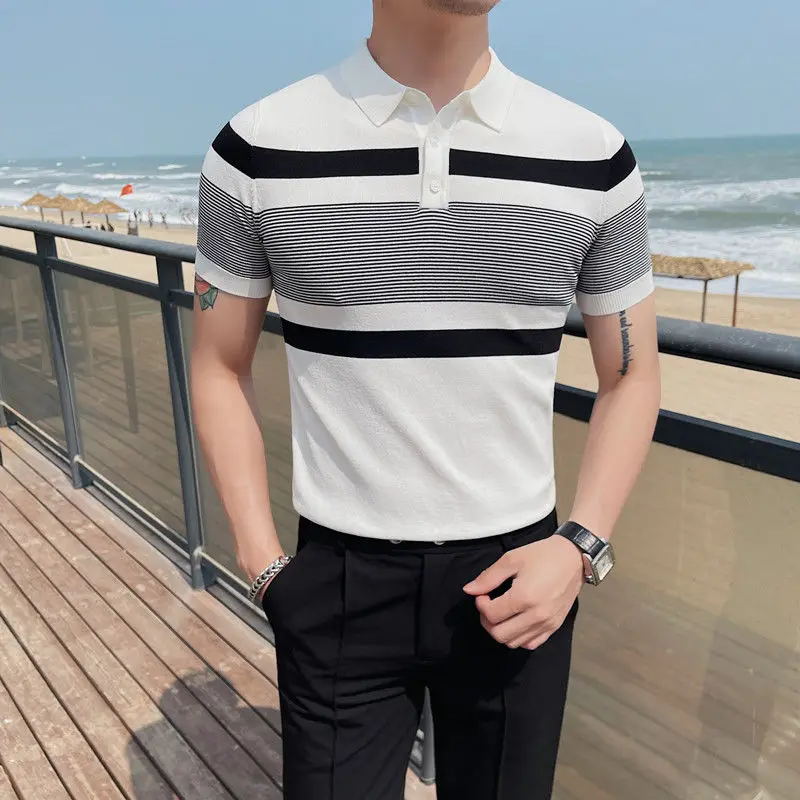 

Men's Summer Short Sleeve Polo Shirt Slim Fit Polo Collar High end Half Sleeve Stripe Knitted Ice Silk T-shirt