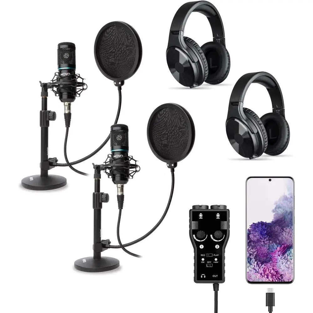 Android Podcast Kit: Dual Condenser Mics, Stands, Headphones, XLR USB-C Interface