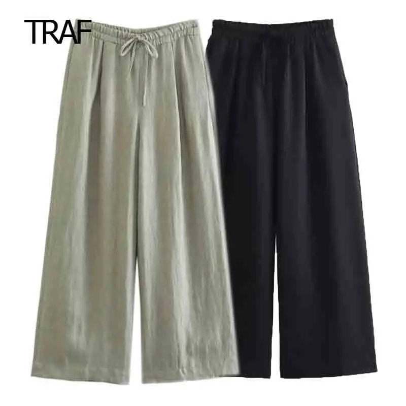 

TRAF Linen Wide Leg Pants Women High Waist Pants Autumn 2023 Baggy Women Trousers Elastic Waist Bows Elegant Fluid Ladies Pants