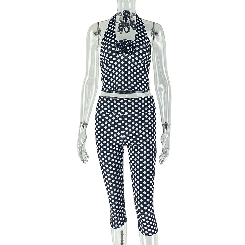 البولكا نقطة طباعة السراويل مجموعات المرأة مثير فتاة ساخنة ثلاثية الأبعاد الزهور الرسن الرقبة اقتصاص بنطلون قطعتين مجموعة موضة الشارع الشهير البدلة #6