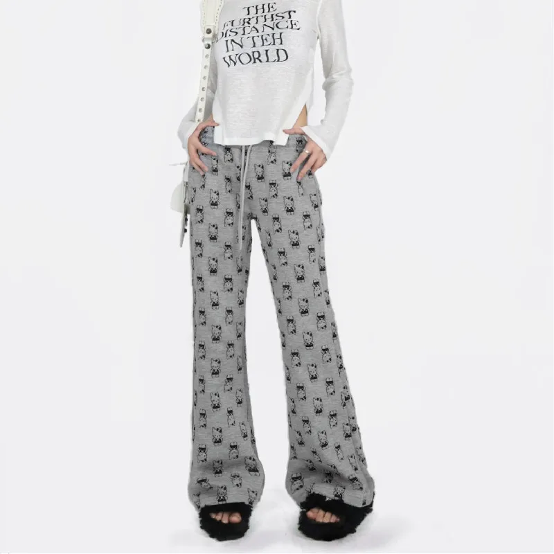 Korean Fashion Kawaii Print Micro Flared Pants Y2k Women Spring Harajuku Sweatpants Trousers Casual Clothes Outfits Streetwear