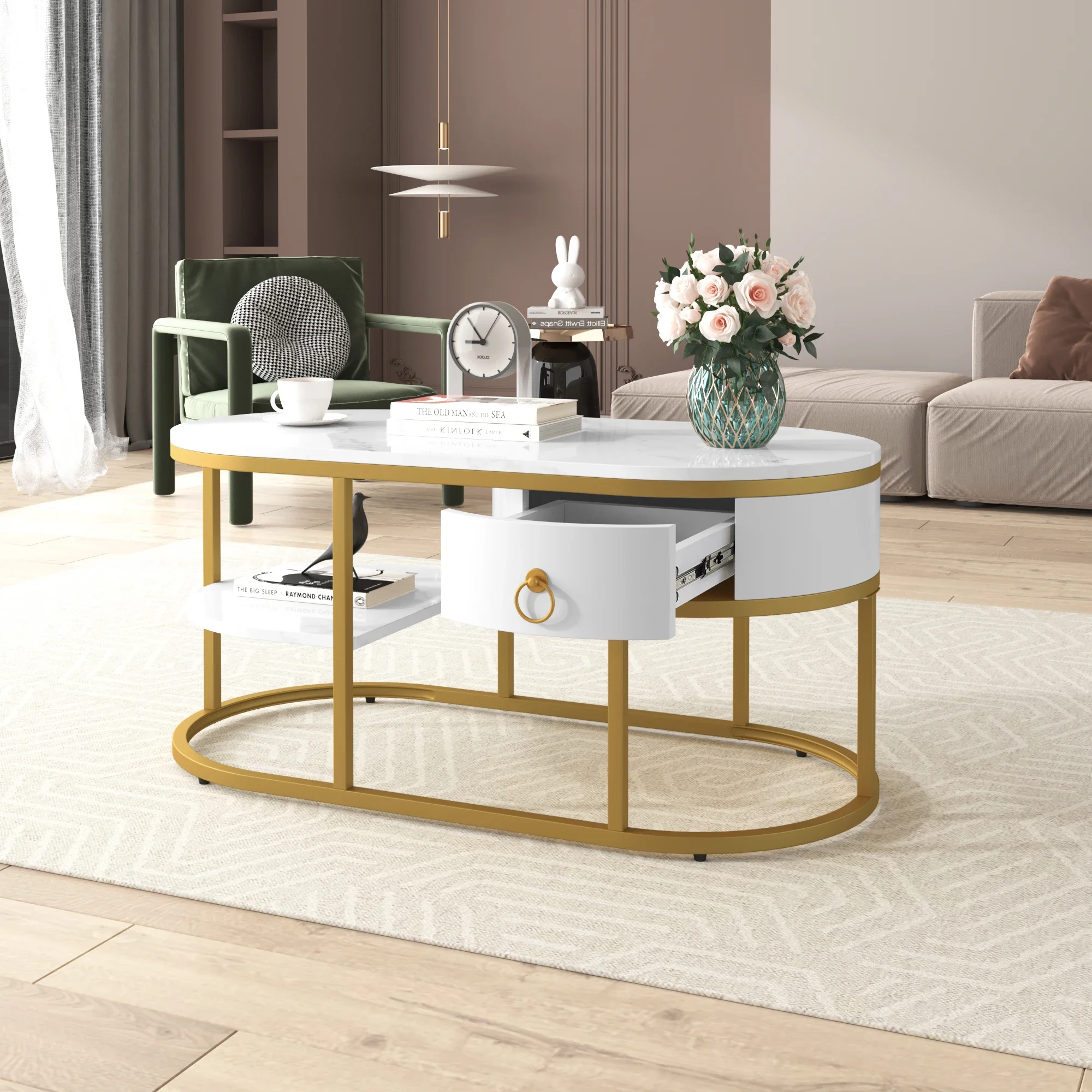 VSOGA Coffee Table, Living Room Table, Coffee Table With Marble Look And Gold Iron Frame, With Drawers And Shelves.