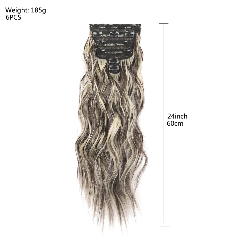 Jeedou 185g Extensiones de cabello gruesas y suaves con clips, 6 piezas, onduladas largas de 24 pulgadas, cabello sintético para mujer, uso diario y fiestas 3