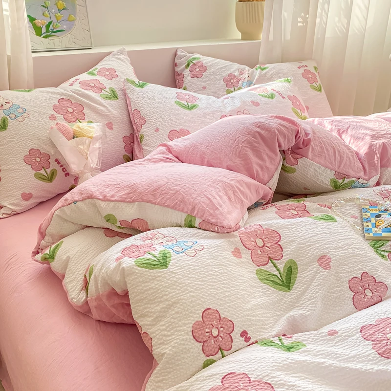 Pink Flowers Bedding Set Cartoon Rabbit Floral Duvet Cover Queen Full Twin Size Flat Bed Sheet Pillowcase Kawaii Bed Linen