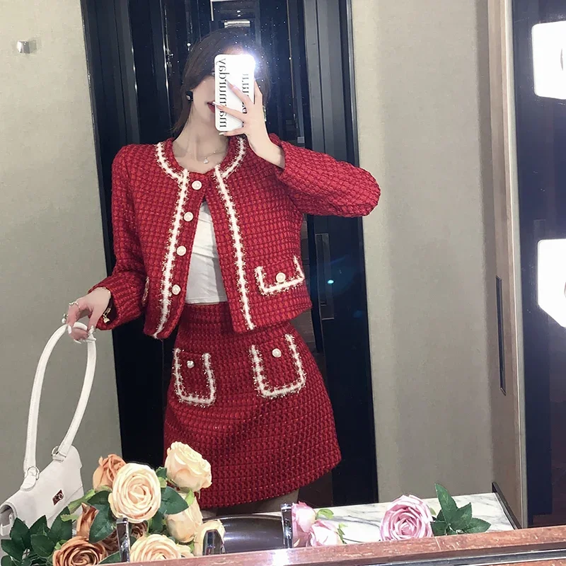 Women’s Tweed Jacquard Pink Suit Jacket Coat Top And Mini Skirt Two Piece Set Elegant Chic Outfit Winter Party Fragrant Clothin