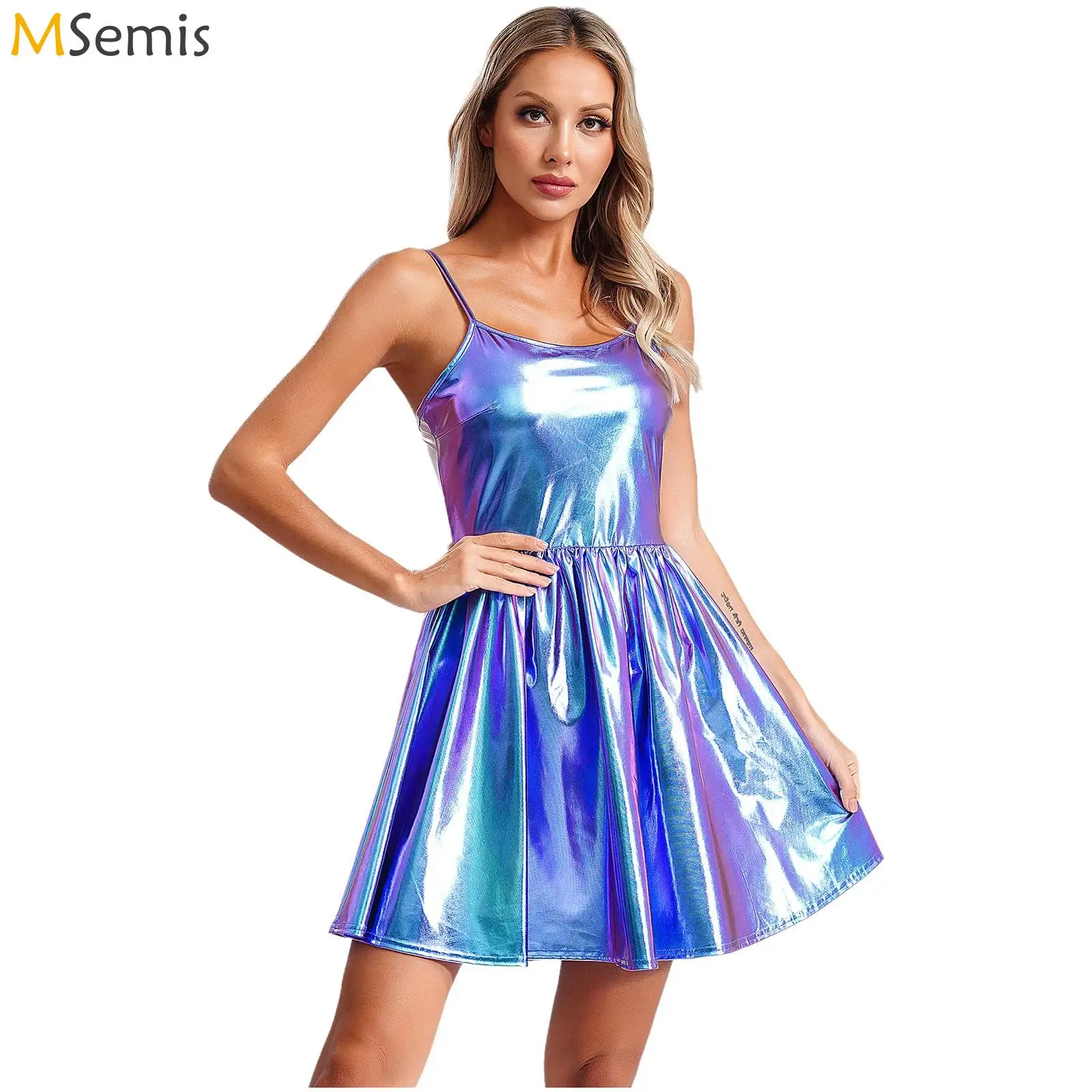 

Women Metallic Shiny Dress Patent Leather Cami High Waist A-line Dress for Music Festival Club Party Pole Holographic Jazz Dance