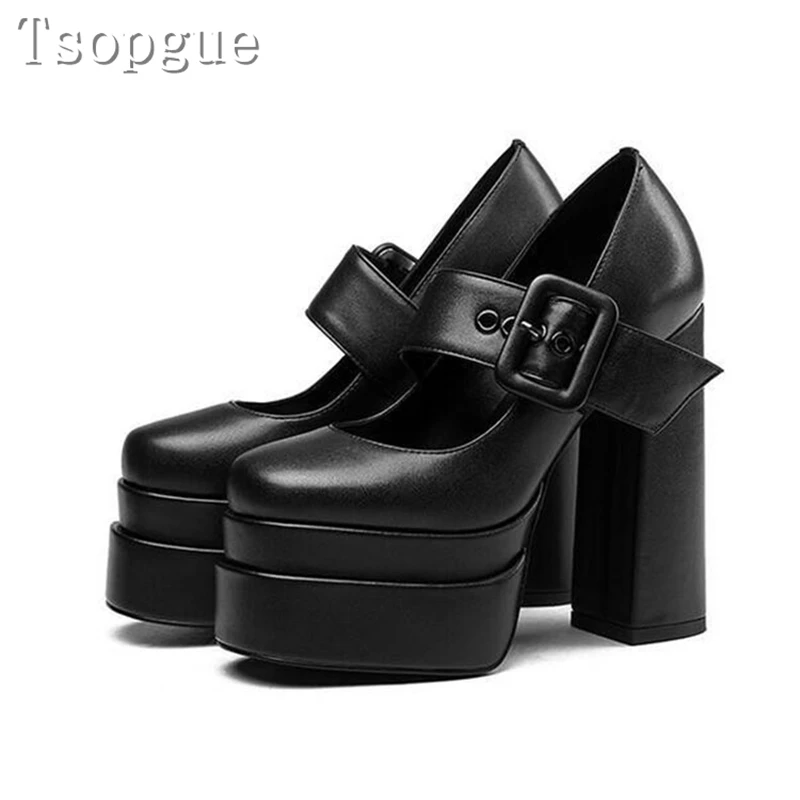 

Women Black Leather Mary Jane Shoes Fashion Shallow Mouth High Platform Chunky Heels Pumps Elegant Banquet Party Shoes