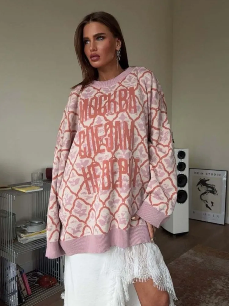 

Новый осенне-зимний повседневный женский жаккардовый вязаный свитер с длинными рукавами и буквами, теплый свободный пуловер в стиле преппи, джемперы, уличная одежда