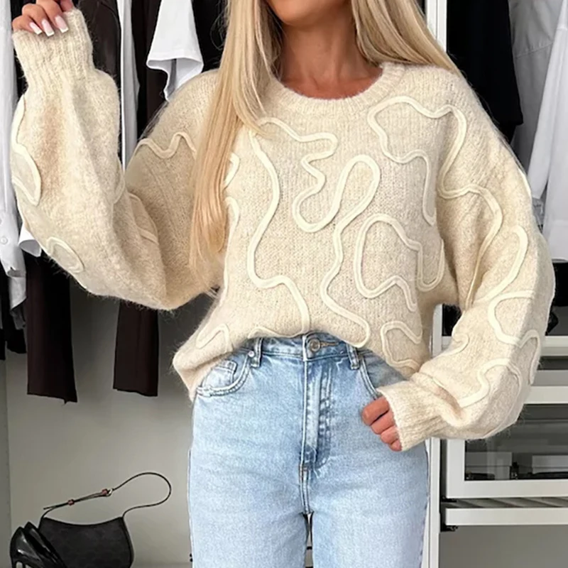 Fashion O-neck Long Sleeve Knitted Tops Autumn Winter Elegant Striped Color Contrast Sweater Women Casual Loose Pullover Jumper