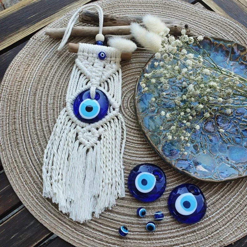 Wall Hanging Macrame Handmade Lucky Eye Blue Turkish Evil Eye Pendant Nazar Decoration for Home Living Room Wall Home Decor Gift