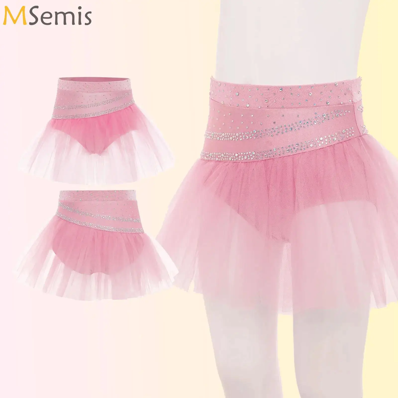 

Kids Girls Lyrical Ballet Dance Skirt 2 Layers Tulle Skirt Rhinestone One-piece Briefs Skirt Dancewear for Class Stage Performa