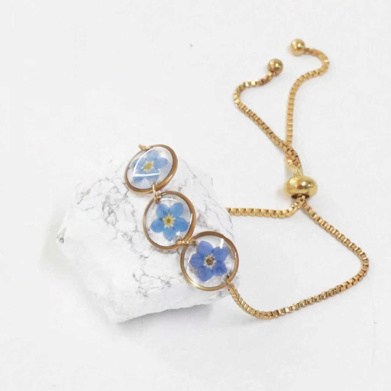 Blaues, vergissenes, nicht ewiges Blumen-Armband, verstellbar, handgefertigt, getrocknete Blumen, Modeschmuck, zierliche Geschenke für Damen, Mädchen, Mutter