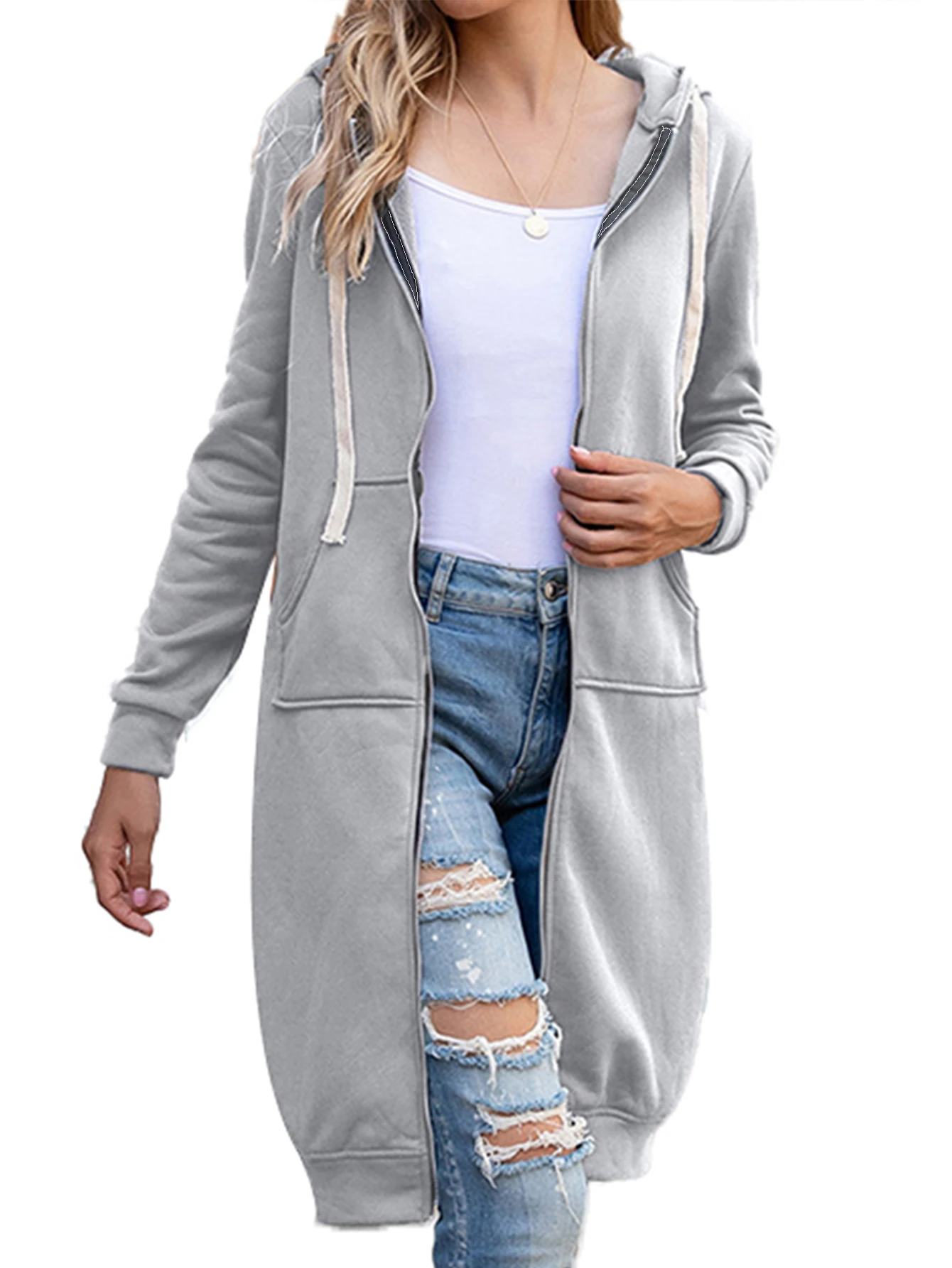 Plus Size Long Hoodies Tunic Fashion Sweatshirts Fleece Knitted Zip Up  Jackets With Pockets For Women