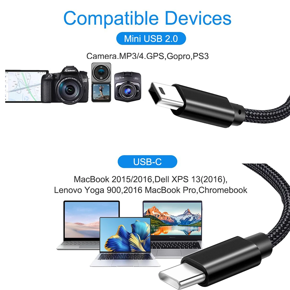 Type C to Mini USB Cable Ultra Short USB C to USB Mini-5pin Charging Data Cable Cord for MP3 MP4 GPS Camera Dash Cam HERO 3+ view 3