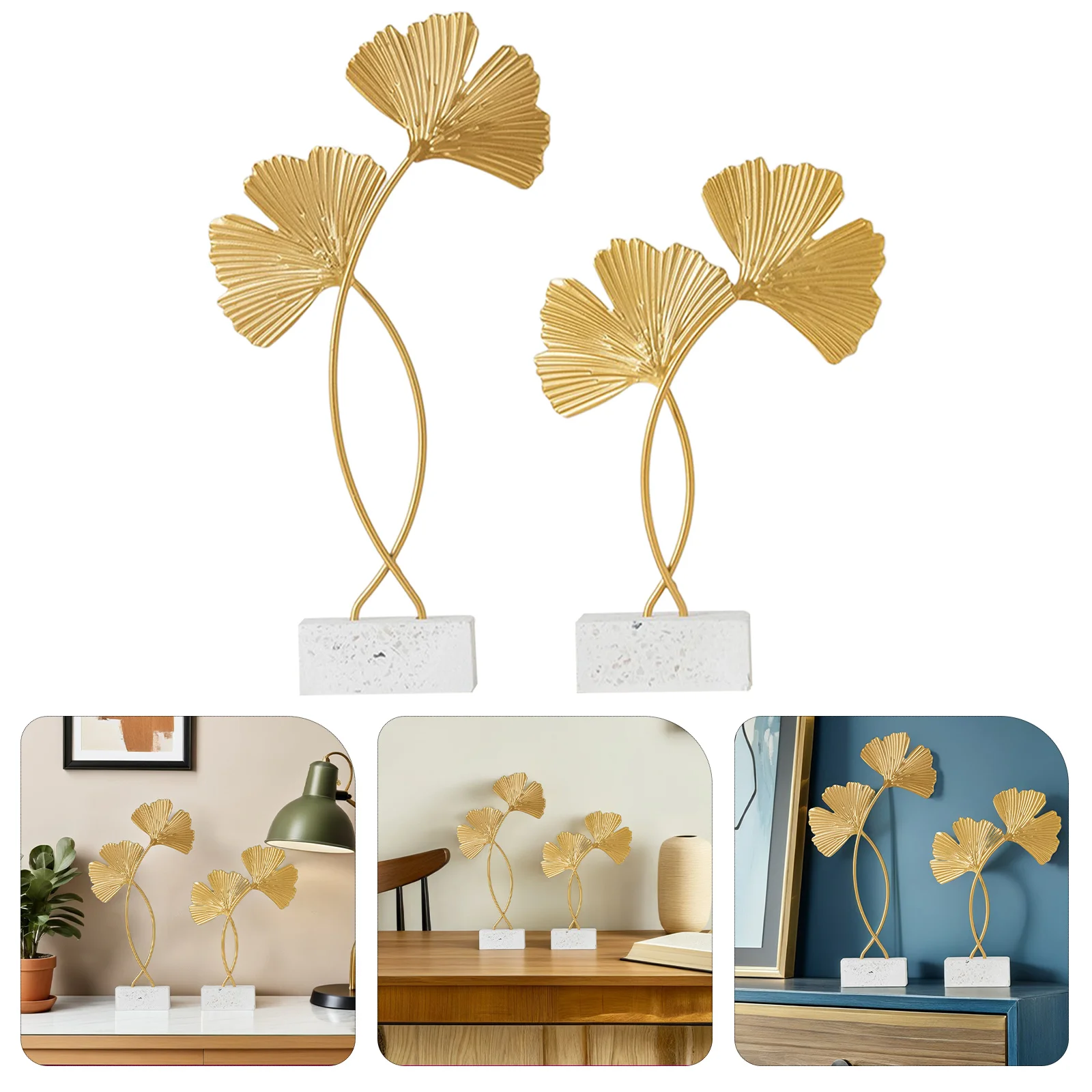 

2Pcs Nordic Gingko Leaf Decoration Premium Iron Cement Desktop Ornament Elegant Golden Leaves Decors for Home Office