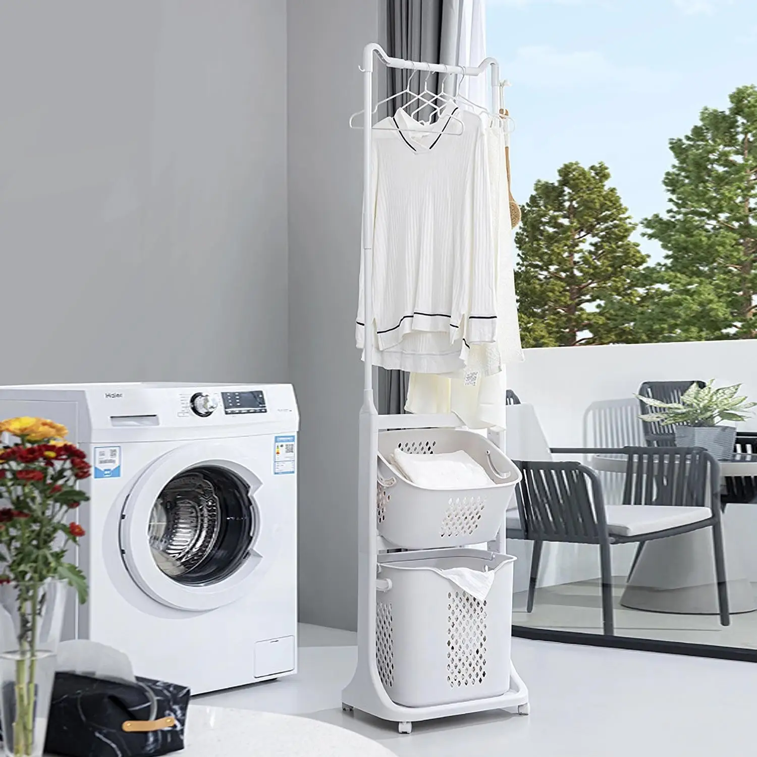 

White 2-Tier Laundry Hamper with Hanging Bar and Rolling Baskets, Stackable Storage Cart for Small Spaces