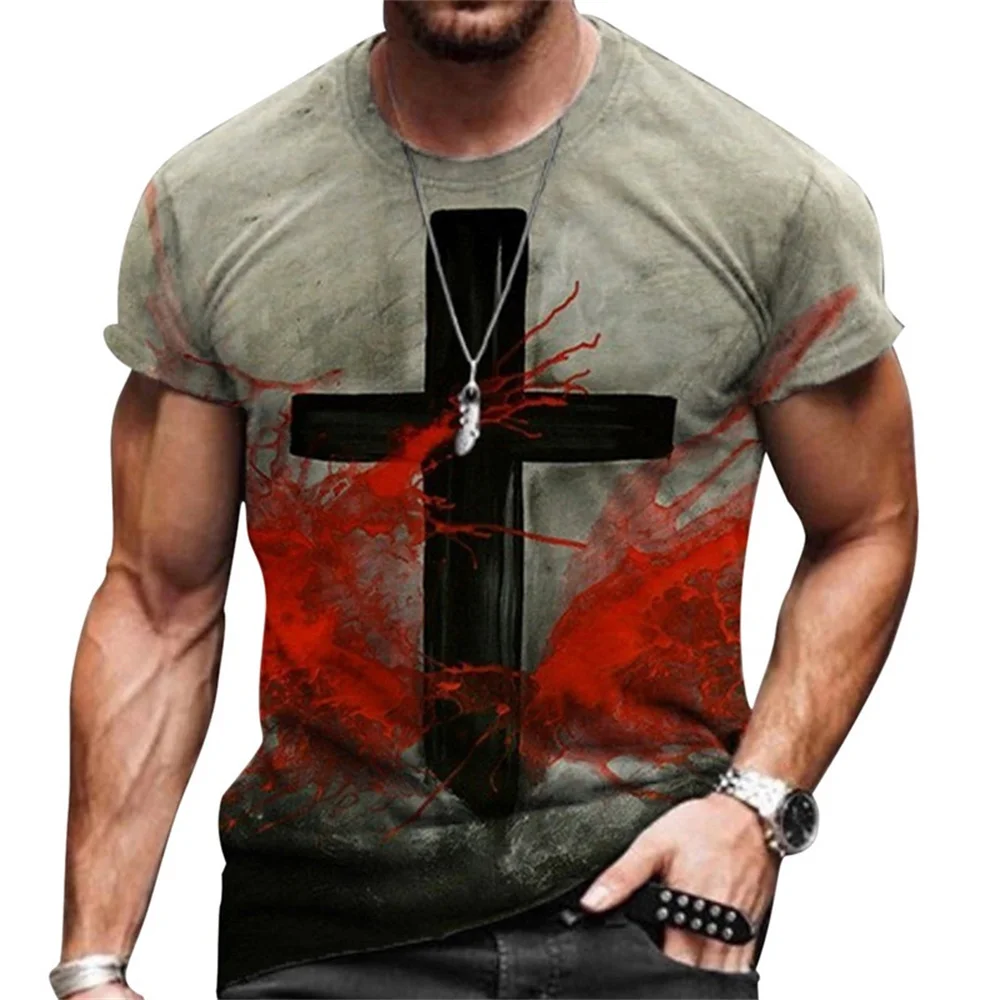 

2024 Men's Retro Oversized T Shirt Summer Harajuku Ethnic Style Short Sleeve O Neck Fashion T Shirt Men's Cross Printed Clothing