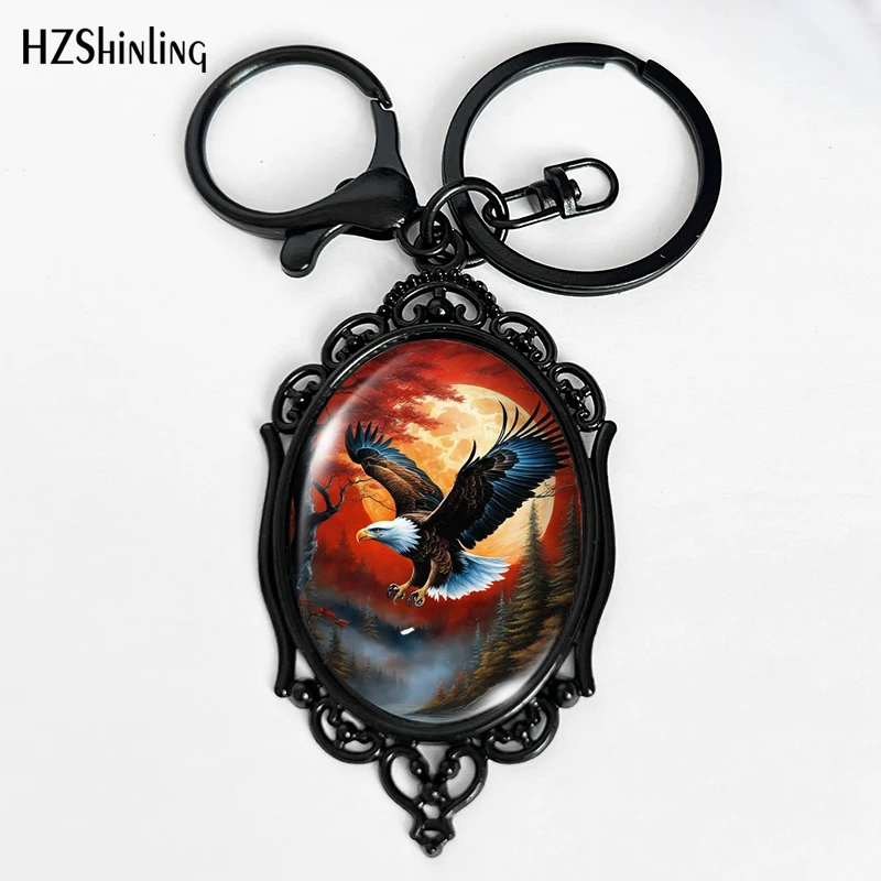 2024 Fashion Eagle Art Illustration Pattern Black Keychain Glass Cabochon Oval Pendants Key Holder Best Gifts