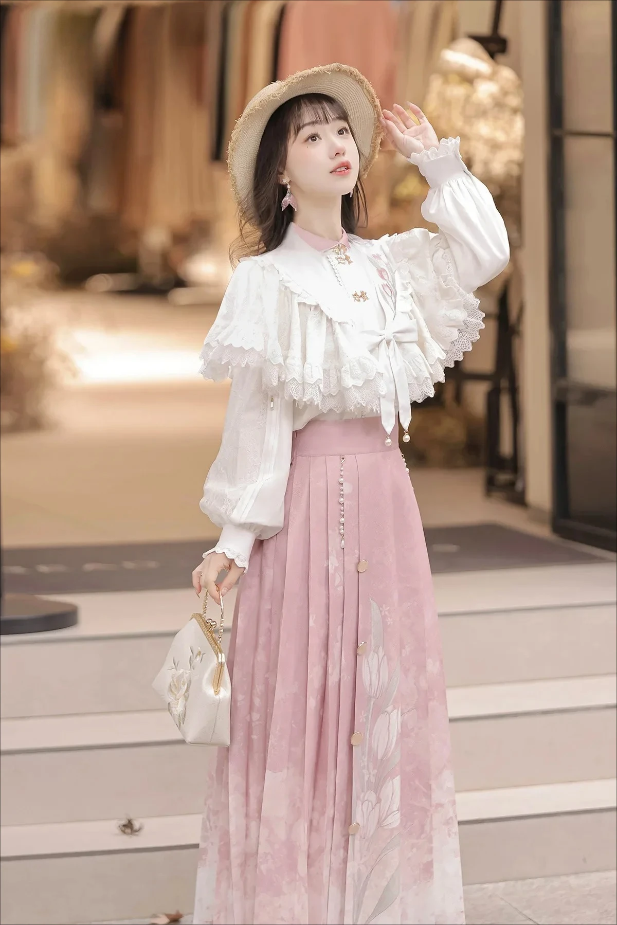 خريف شتاء جديد قميص طويل الأكمام شال لوليتا الأصلي الحلو زهرة Hanfu عنصر النمط الوطني جديد الصينية الحصان تنورة مجموعة #1