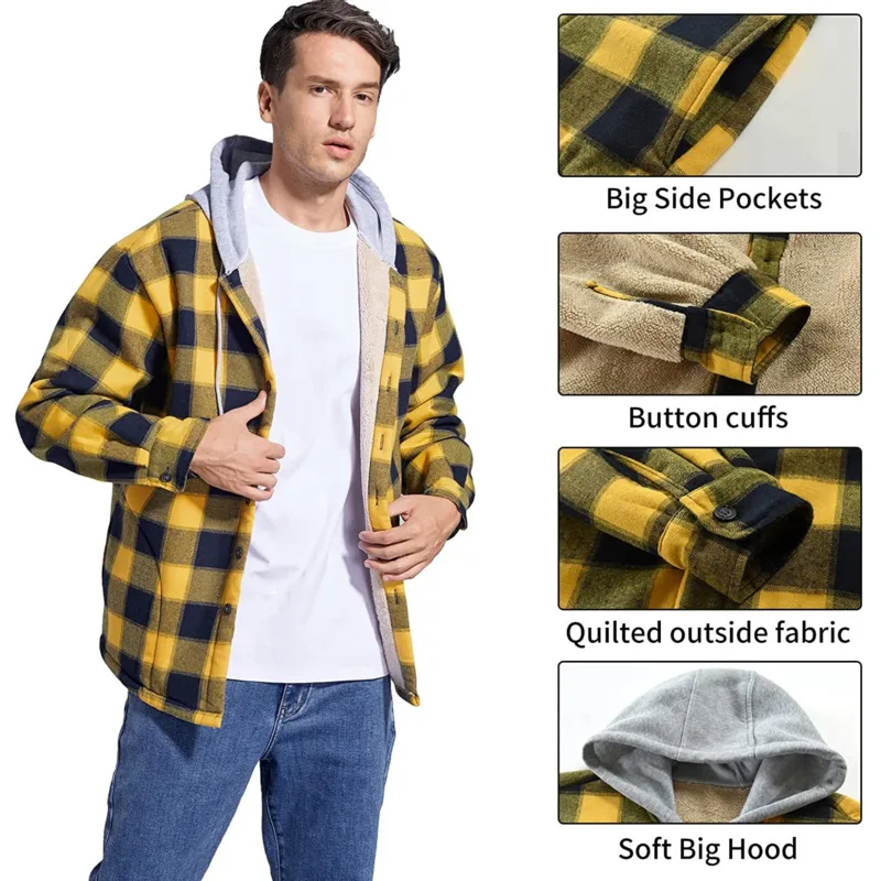 Men\'s Flannel Shirts Jacket Fleece Lined Plaid Coat Button Up Shirt Hoodie Winter Outwear