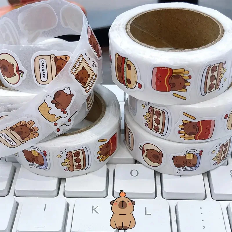 500Pcs Capybara Stickers Roll Waterproof PVC Self-Adhesive Decals Cute Animal & Food-Themed Perfect for Laptops Scrapbook Phones