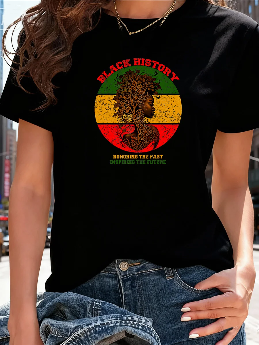 

Black Short Sleeve T-Shirt with "Black History" Print, Rasta Colors & Vintage African Queen Design