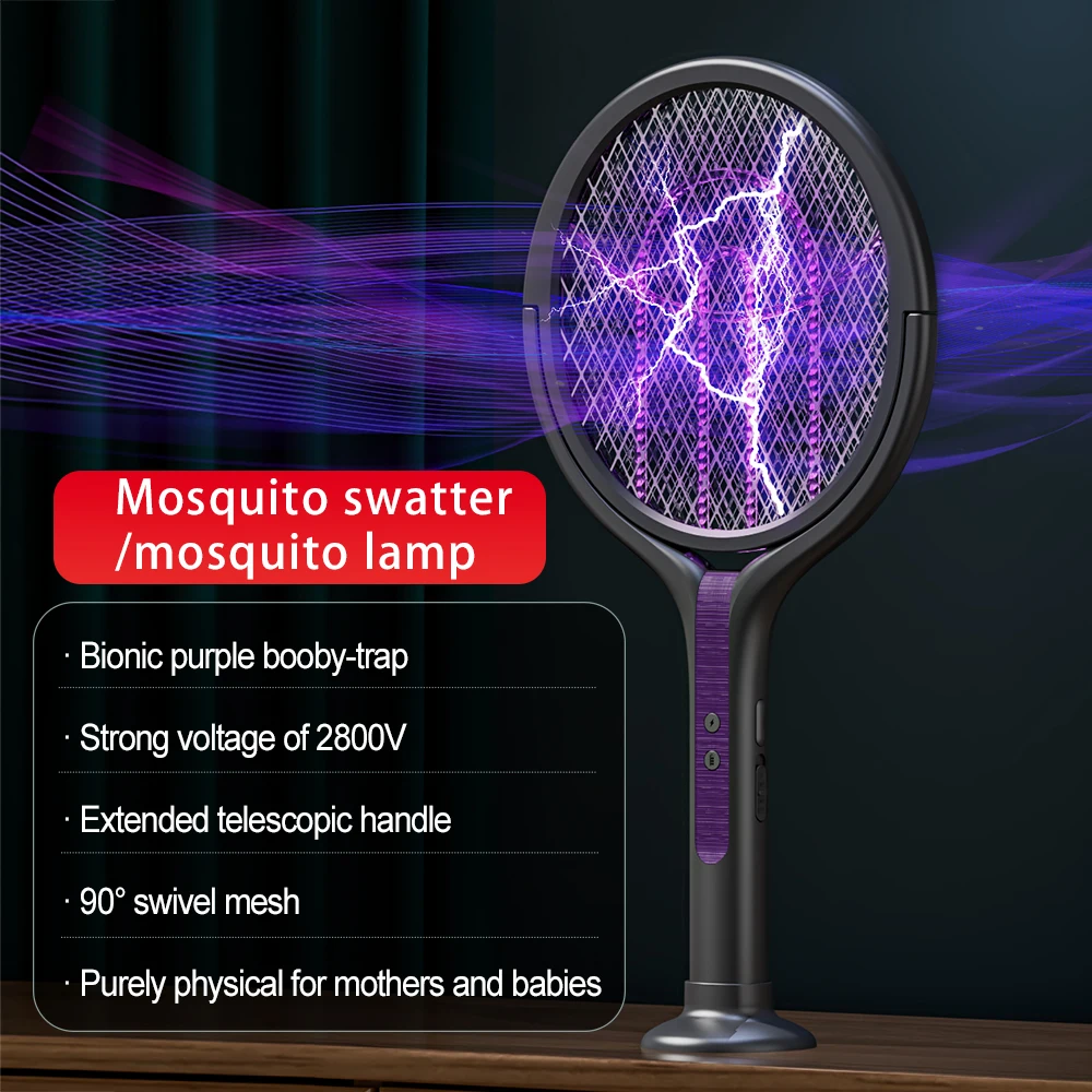 

Многофункциональная лампа-уничтожитель комаров 2-в-1 с выдвижным угловым кронштейном, USB-заряжаемая мухобойка-ракетка от комаров