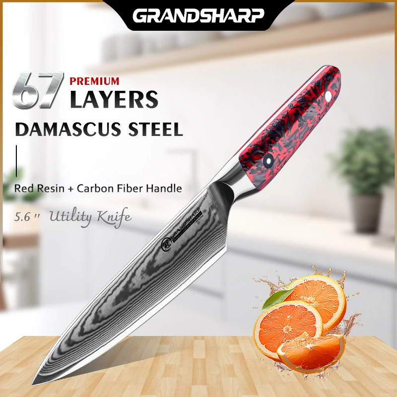 Grandsharp 5.6'' Petty Knife Japanese 67 Layers Damascus Steel with Red Resin + Carbon Fiber Handle Suitable for Peeling