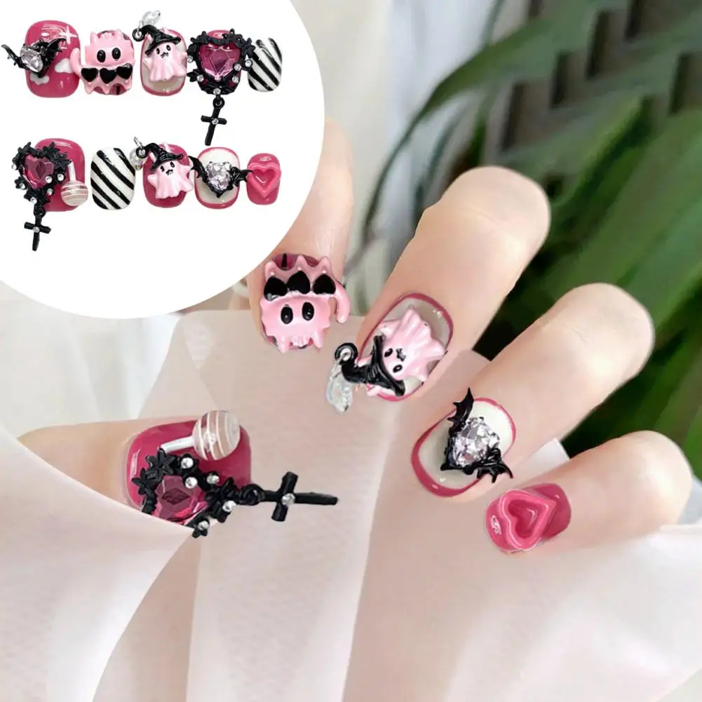 Cute Fake Nails Charming Ghost Prints False Nails Set for Women Diy Manicure Kit with 20pcs Stick on Nails Nail Care Lovers'