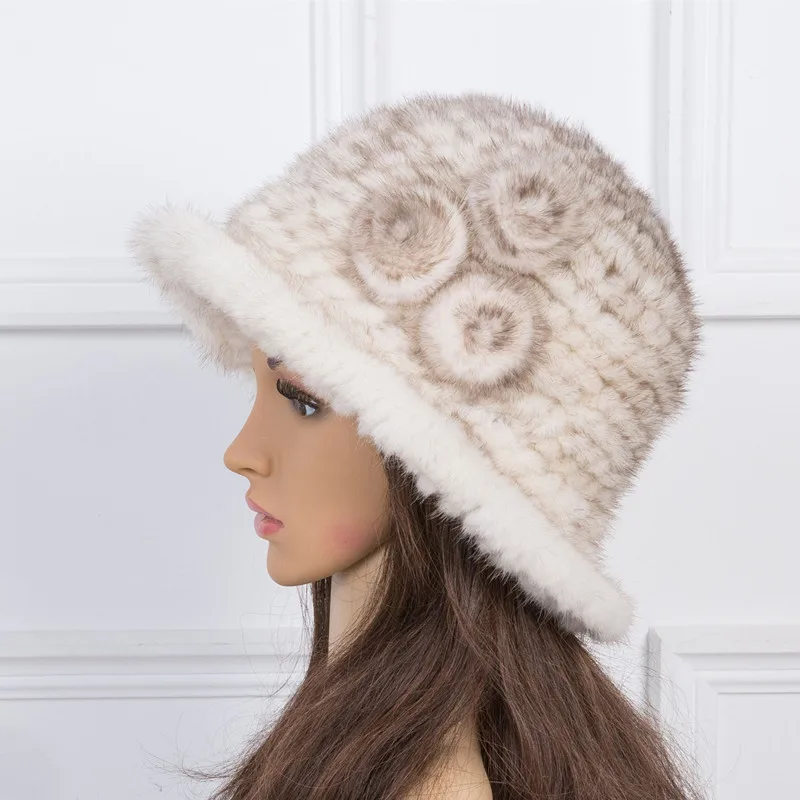 قبعة فيدورا من فرو المنك للسيدات مع لهجة زهرة المنك، قبعة شتوية دافئة وعصرية من الفرو المحبوك #5