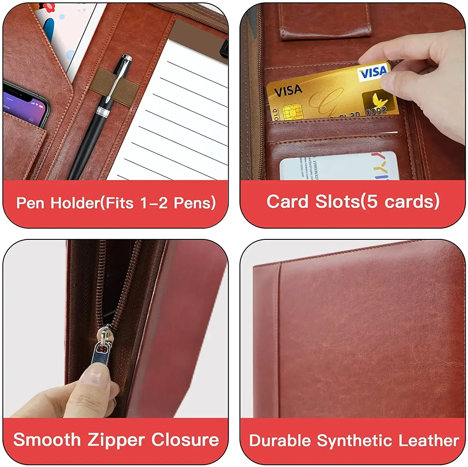 Organizador de Padfolio con cremallera, carpeta planificadora de cuero, carpeta de portafolio de 10,2 pulgadas para documentos, tamaño carta, tarjetero de visita