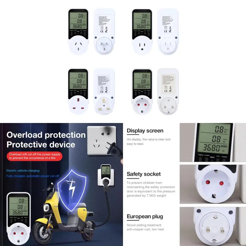  Highly power Electrical Meter 16A Capacity LCD Display Overheating Protections Plug-in Socket Power Meter For Appliances