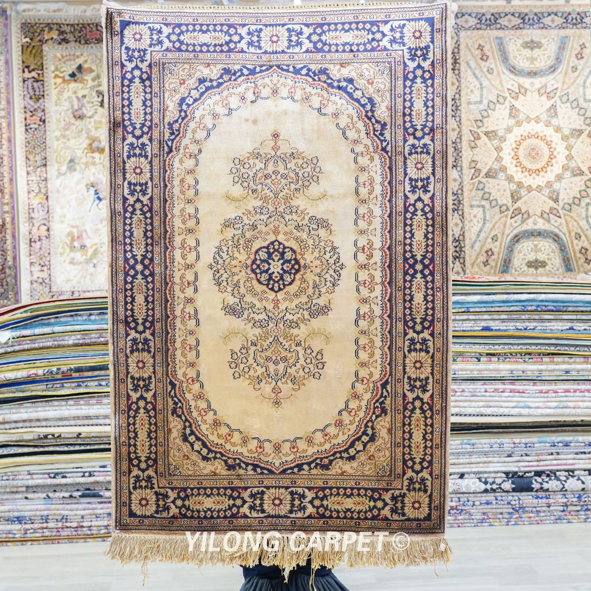 76x122cm Traditional Tabriz Carpet Yellow Persian Silk Rug (LH1004B)