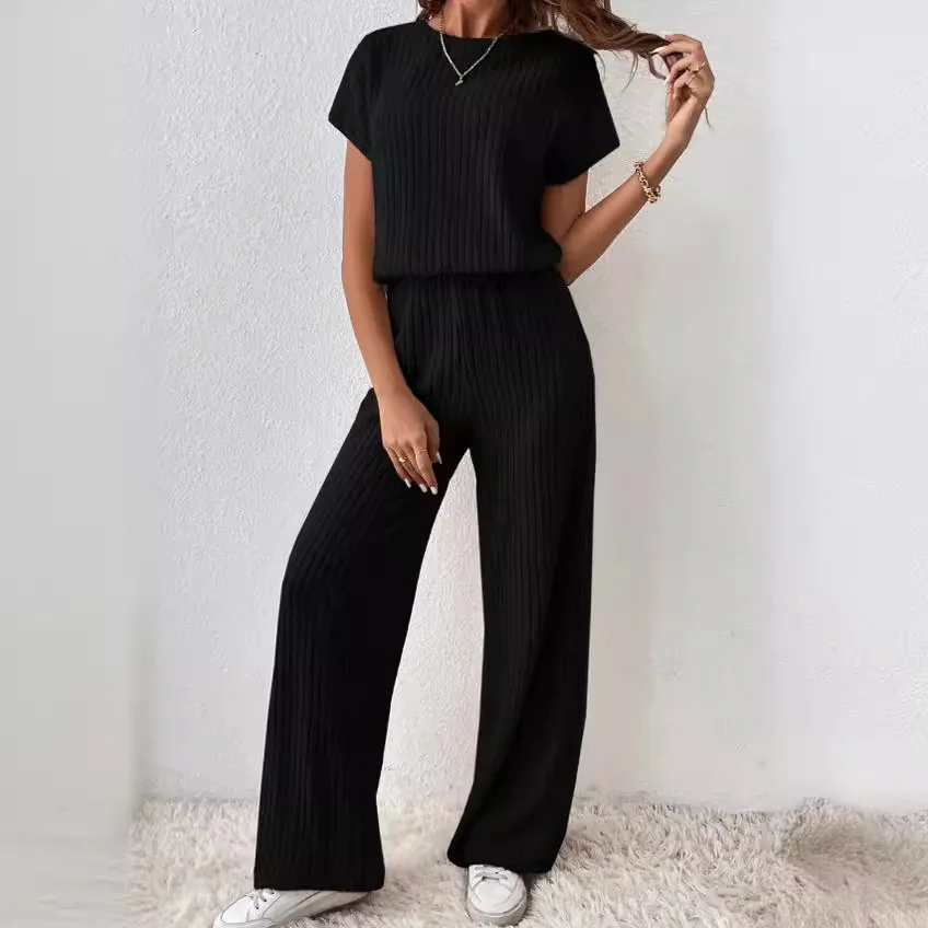 2024 New Two Piece Set Women Outfit Summer Casual Short Sleeve T-Shirt Long Pants Solid Color Suits Loose Sport Matching Sets