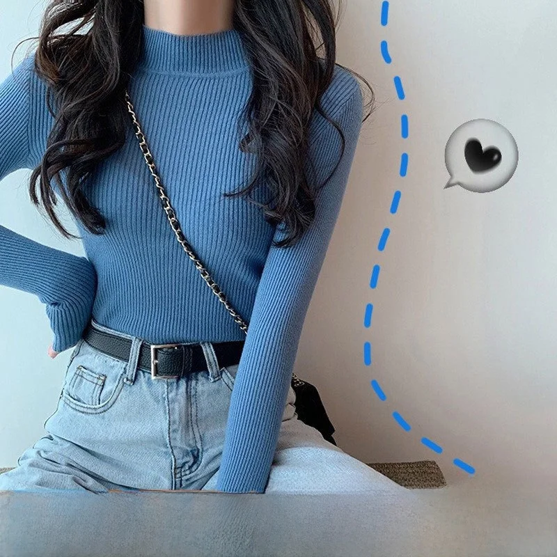 

Women's Long Sleeve Knitted Sweater Autumn Winter Slim Fit mid Neck Pullover Base Shirt Korean Style Half High Collar Top