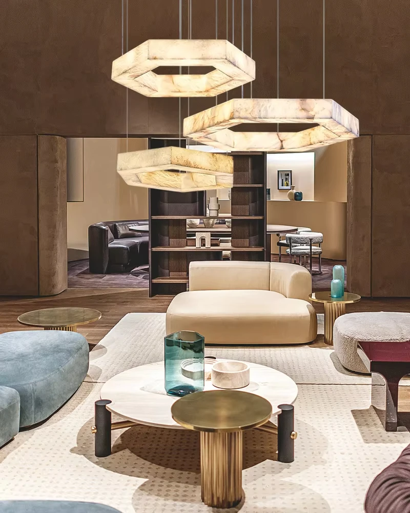 

2025 Trendy Home Deco Hexagonal Natural Marble Chandelier Lighting Lustre Para Sala Estar Alabaster Hanging Lamp For Living Room