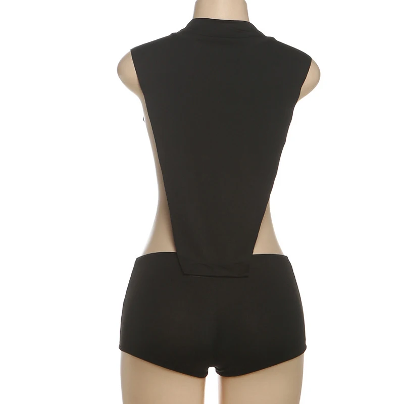 BKLD Schwarz Unregelmäßig Wild Sexy High Street Musik Festival Strampler 2025, ärmellos, O-Ausschnitt, schlankmachende Playsuits, Hottie Wear