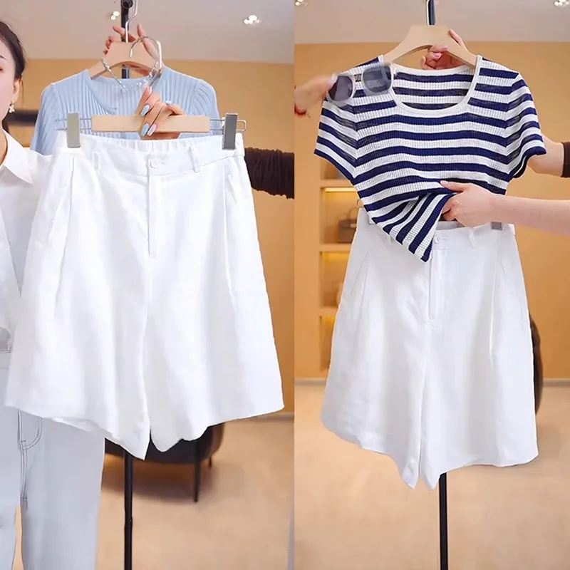 

Women's Linen Five-Point Shorts Summer Thin White Versatile A-Line Casual Pants