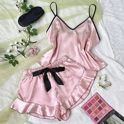 Fashion Home Casual Sexy Bow Satin Camisole Shorts Pajamas Set Women