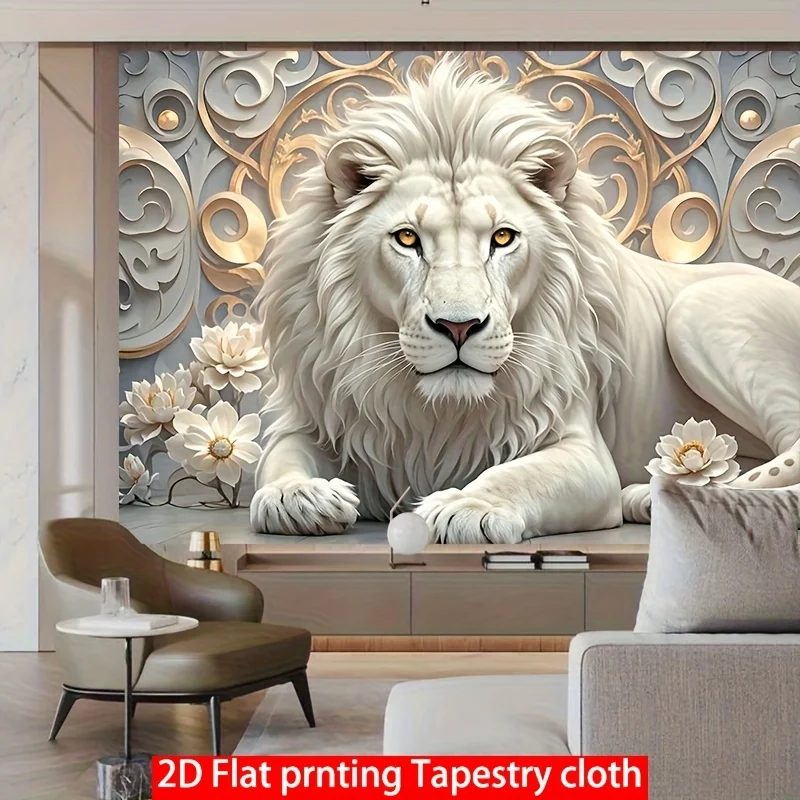 1 Stück Stoff-Wandteppich „Regal White Lion“ – Verzierter Blumen-Wandbehang für Wohnzimmer und luxuriöse Räume, mit einem majestätischen Design