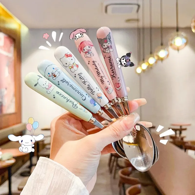 

1/5PCS Ceramic Soup Spoon with Stainless Steel Handle - Kuroomi Cartoon Spoon Set Includes Soup Spoon and Handle