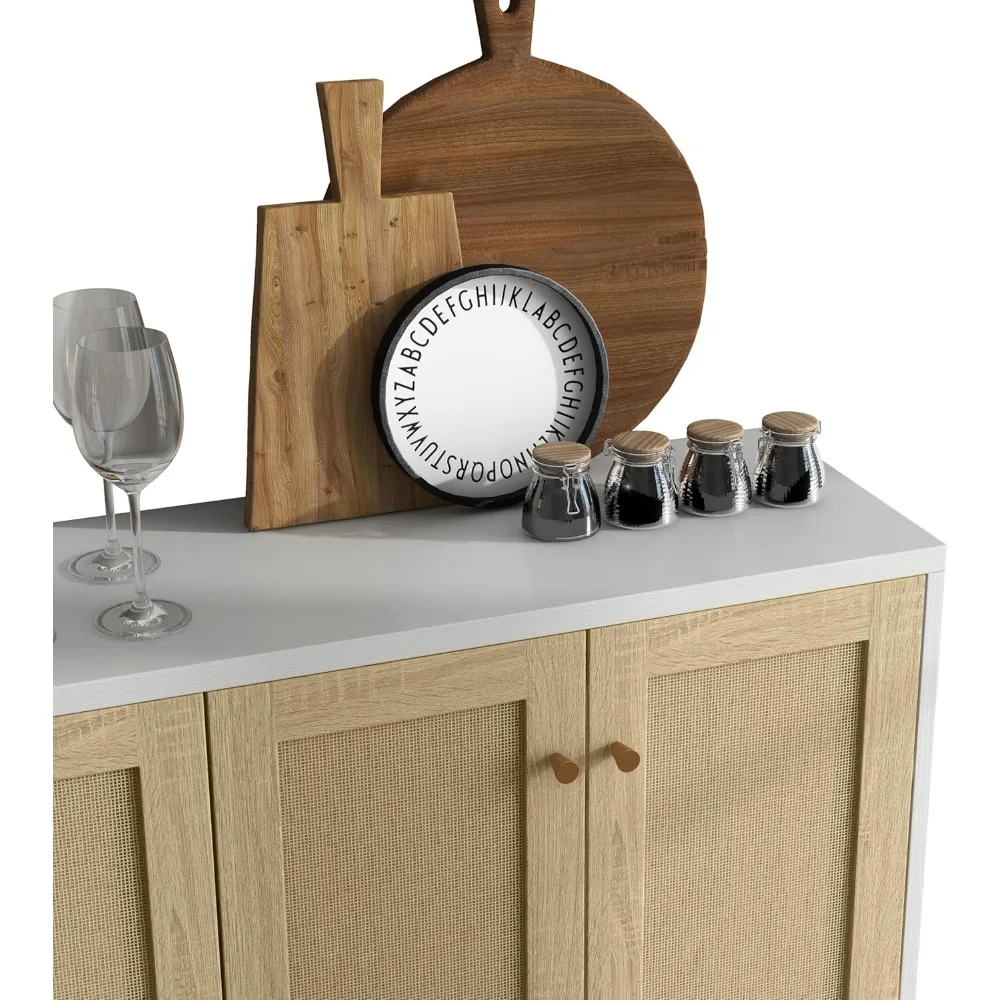 خزانة تخزين جانبية من Panana مزينة بالروطان بأربعة أبواب لغرفة الطعام وطاولة بوفيه للمطبخ قائم بذاته (Wh)