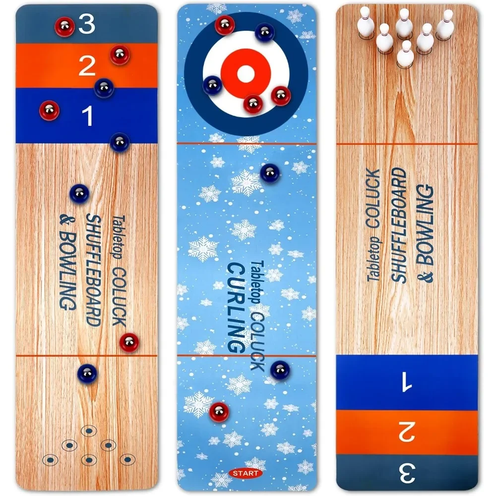 

Curling 3-in-1 Board Games Shuffleboard Pucks Bowling Ball and Curling Mini Tabletop Game with 8 Rollers Family Board Games