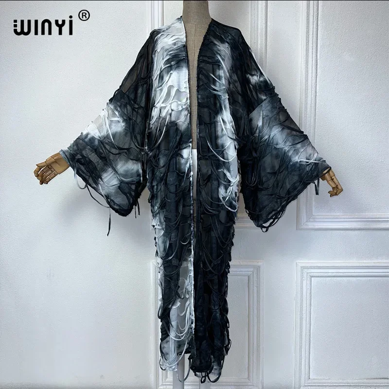WINYI-Kimono de pasarela para mujer, abrigo con dobladillo de burbuja estampado, cárdigan de manga larga, ropa de playa de lujo abaya de Dubái, vestido bohemio caftán